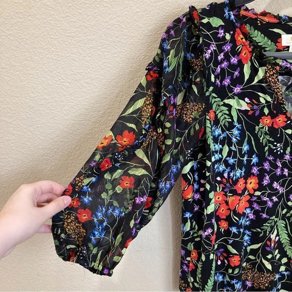 ANTHROPOLOGIE Maeve Floral Black Blouse Sheer Sleeve Jacquin Peasant Top - Picture 7 of 8